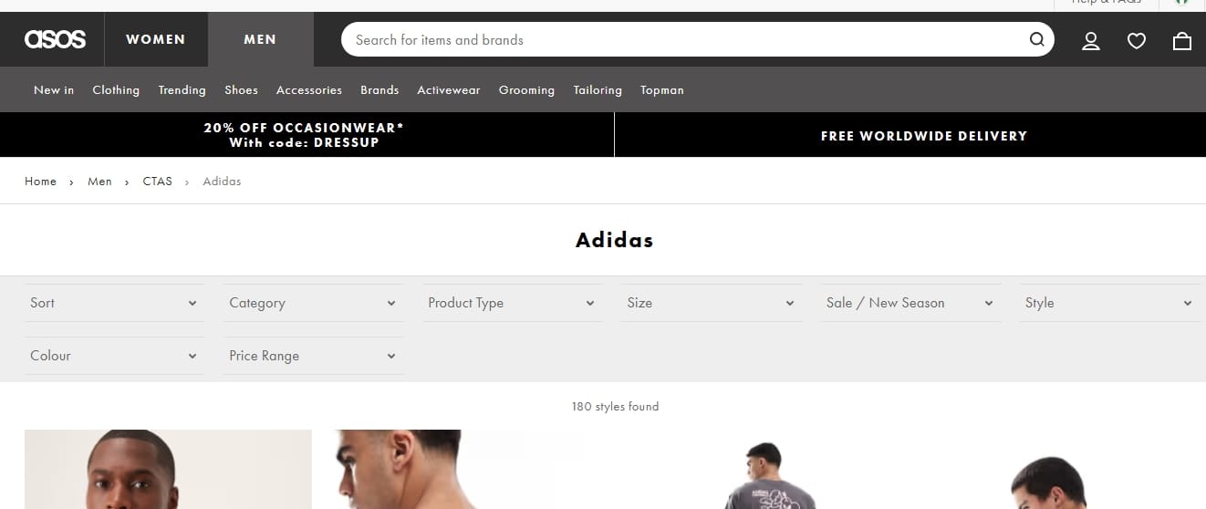 ASOS search filter